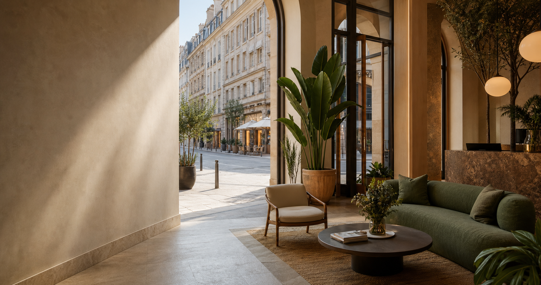 Contemporary aparthotel lounge with city view